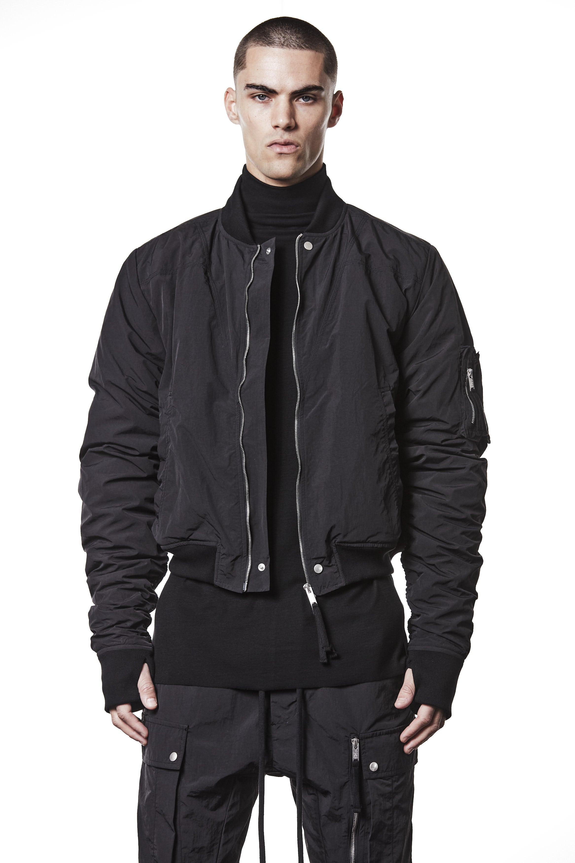 M J 75 Black Bomber Jacket – Zip-Up with Ribbed Hem and Sleeve Pocket Black Man THOM KROM