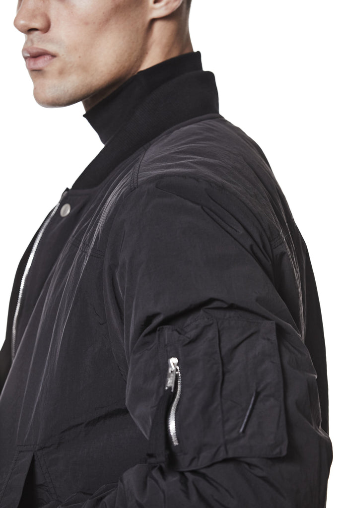 M J 75 Black Bomber Jacket – Zip-Up with Ribbed Hem and Sleeve Pocket Black Man THOM KROM