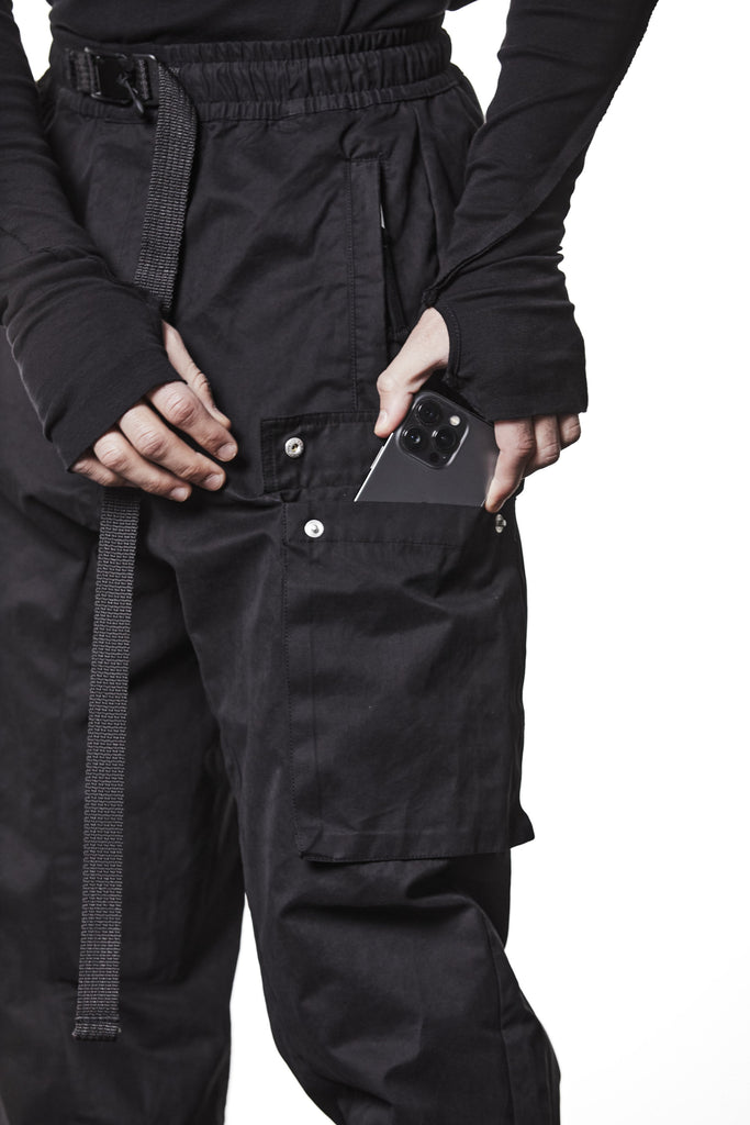 M P 15 Black Cargo Pants – Relaxed Fit with Utility Pockets and Elastic Cuffs Black Man THOM KROM