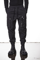 M P 26 Black Cargo Pants – Multi-Pocket Design with Elastic Waist and Cuffs Black Man THOM KROM