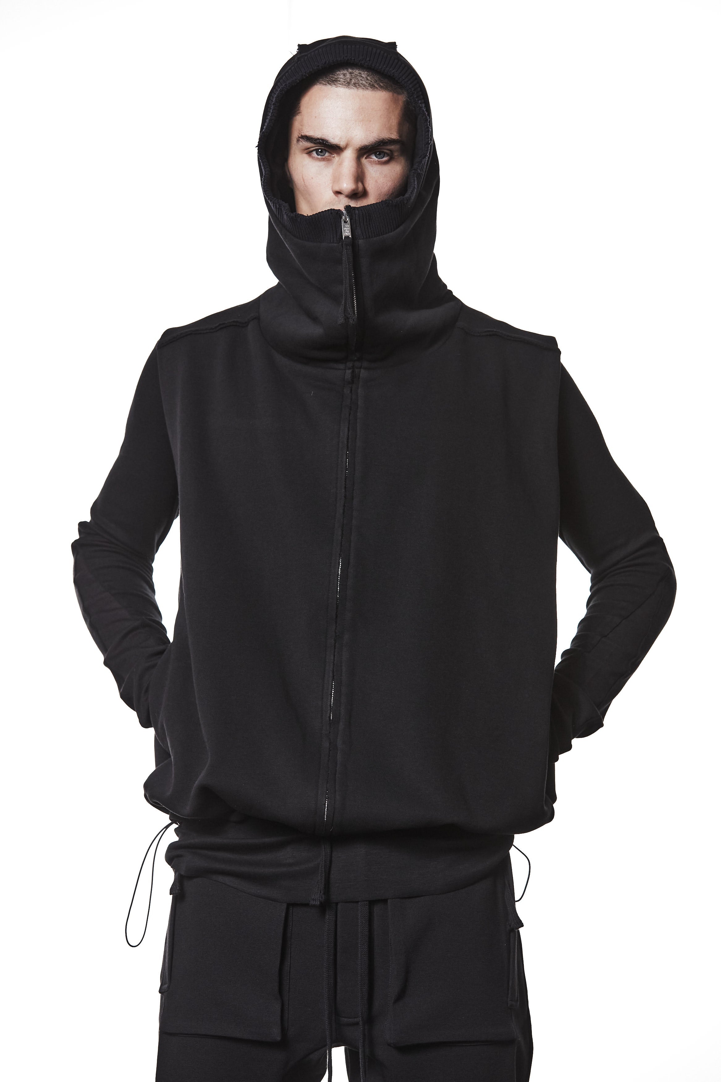 M SJ 684 – Zip Hoodie High Neck Oversized Fit Adjustable Hem Black Man THOM KROM