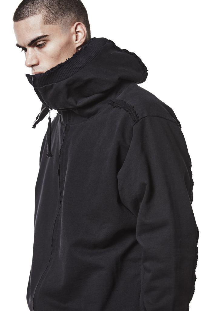 M SJ 690 Black High-Collar Zip Hoodie – Oversized Fit with Distressed Details Black Man THOM KROM