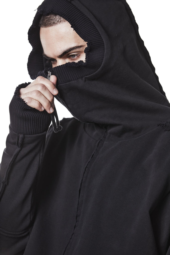 M SJ 690 Black High-Collar Zip Hoodie – Oversized Fit with Distressed Details Black Man THOM KROM
