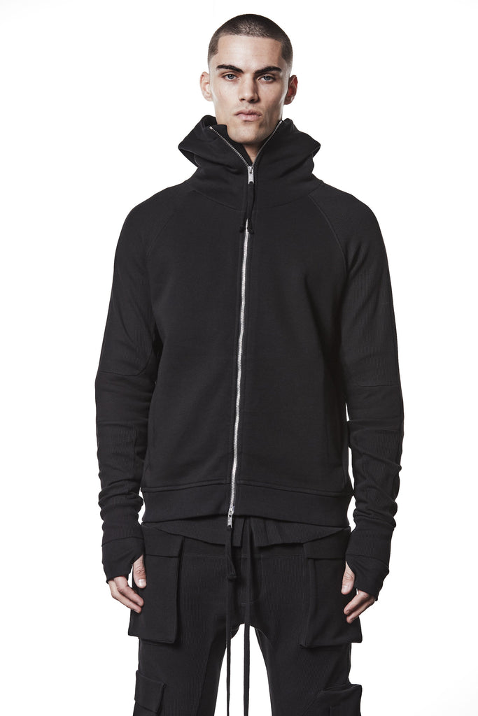 M SJ 691 – Zip Hoodie High Neck Ribbed Panel Sleeves Thumbhole Cuffs Black Man THOM KROM