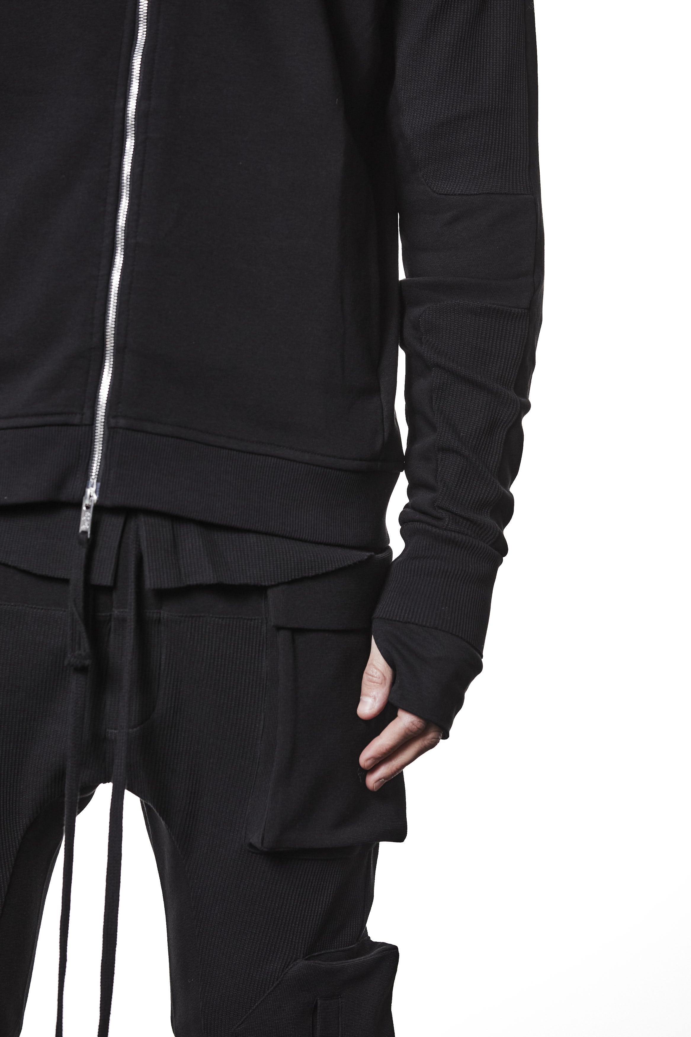M SJ 691 – Zip Hoodie High Neck Ribbed Panel Sleeves Thumbhole Cuffs Black Man THOM KROM