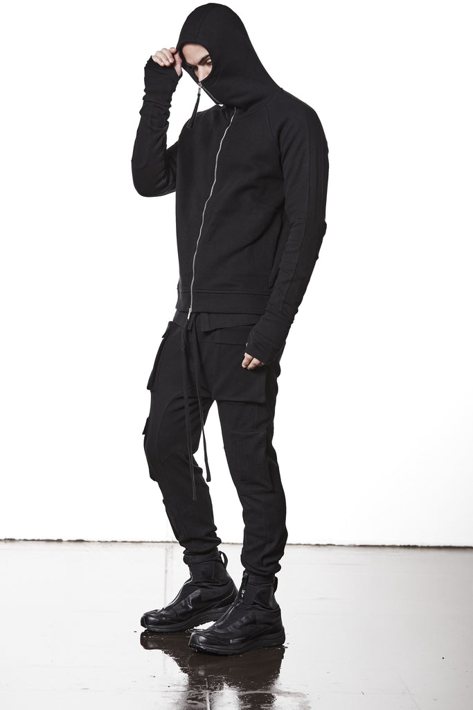 M SJ 691 – Zip Hoodie High Neck Ribbed Panel Sleeves Thumbhole Cuffs Black Man THOM KROM