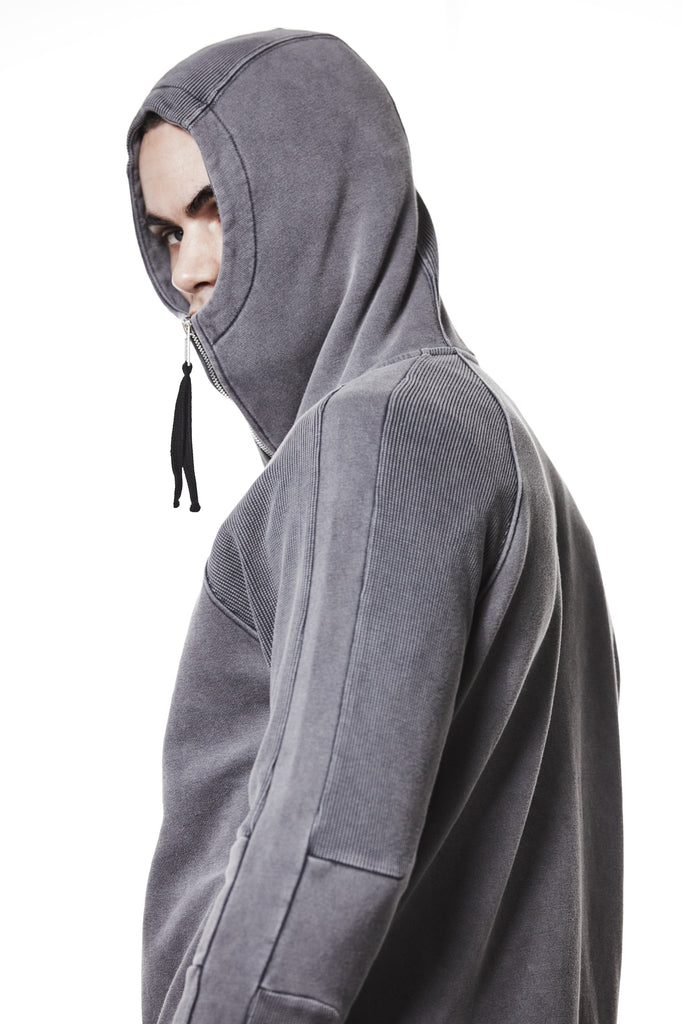 M SJ 691 – Zip Hoodie High Neck Ribbed Panel Sleeves Thumbhole Cuffs Used Grey - Man, Hoodies, Hoodies, TEPHRA