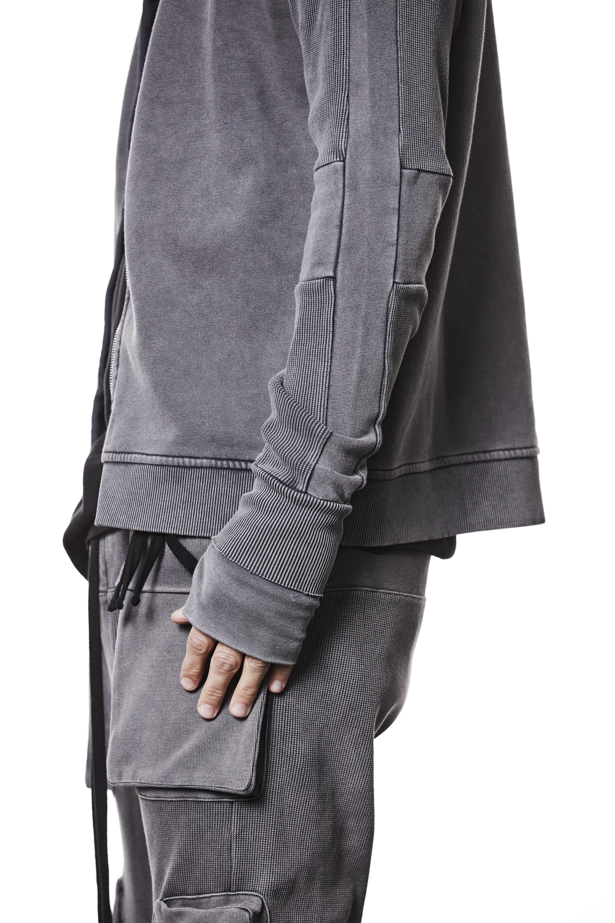 M SJ 691 – Zip Hoodie High Neck Ribbed Panel Sleeves Thumbhole Cuffs Used Grey - Man, Hoodies, Hoodies, TEPHRA