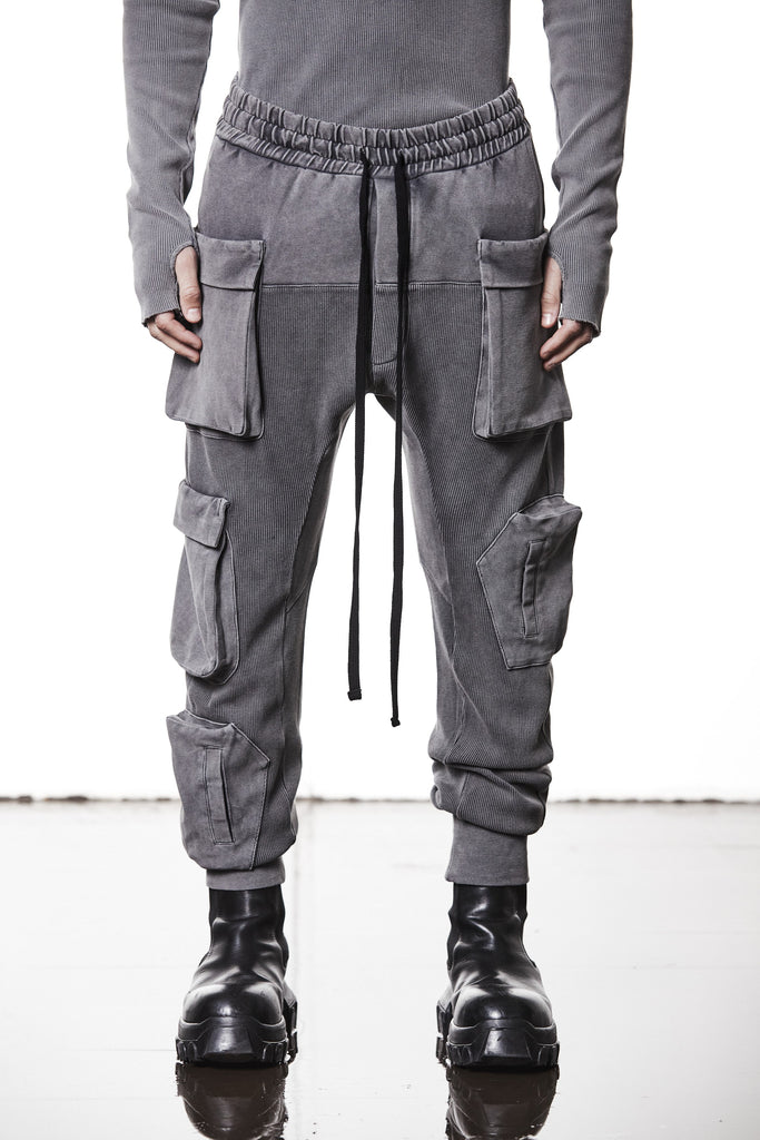 M ST 502 – Cargo Pants Multi-Pocket Long Drawstrings Elastic Waist Tapered Cuffs Used Grey Man THOM KROM