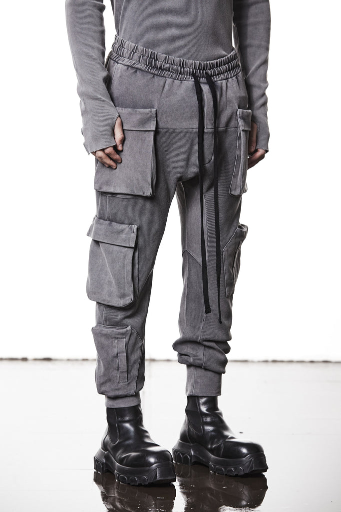 M ST 502 – Cargo Pants Multi-Pocket Long Drawstrings Elastic Waist Tapered Cuffs Used Grey Man THOM KROM