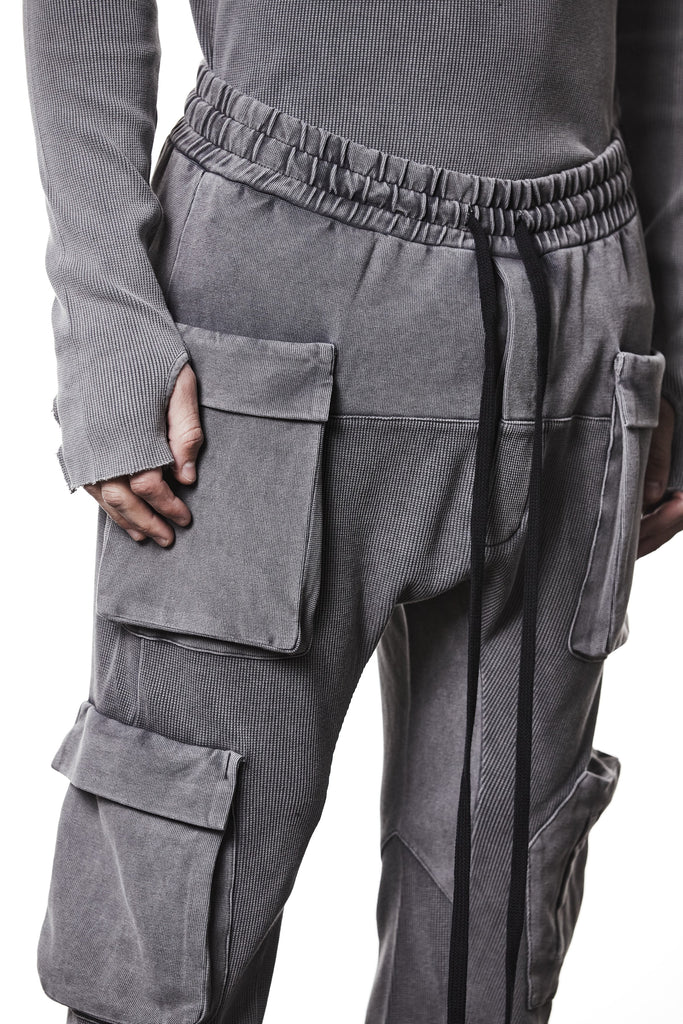 M ST 502 – Cargo Pants Multi-Pocket Long Drawstrings Elastic Waist Tapered Cuffs Used Grey Man THOM KROM
