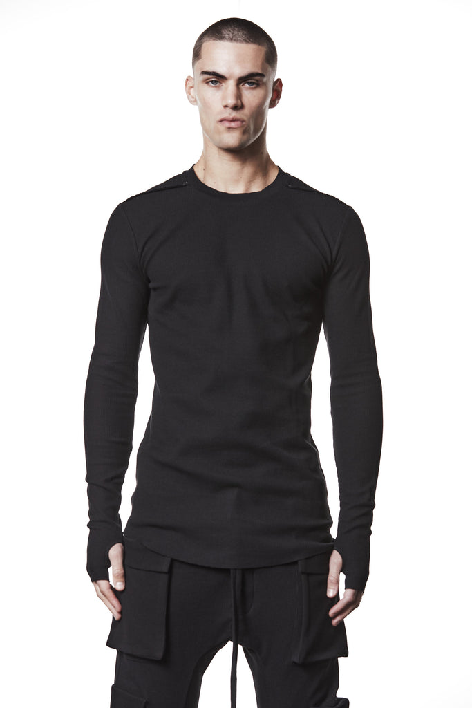 M TS 898 Black Fitted Long-Sleeve Top – Ribbed Texture with Exposed Seams and Thumbholes Black Man THOM KROM
