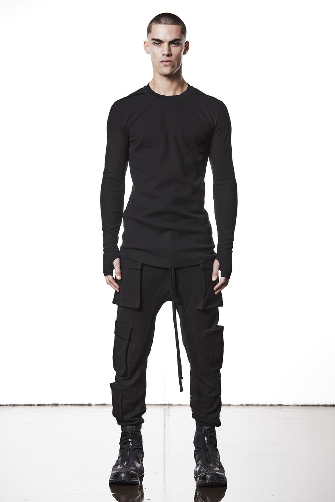M TS 898 Black Fitted Long-Sleeve Top – Ribbed Texture with Exposed Seams and Thumbholes Black Man THOM KROM
