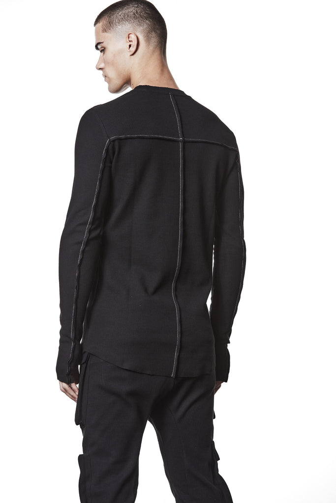 M TS 898 Black Fitted Long-Sleeve Top – Ribbed Texture with Exposed Seams and Thumbholes Black Man THOM KROM