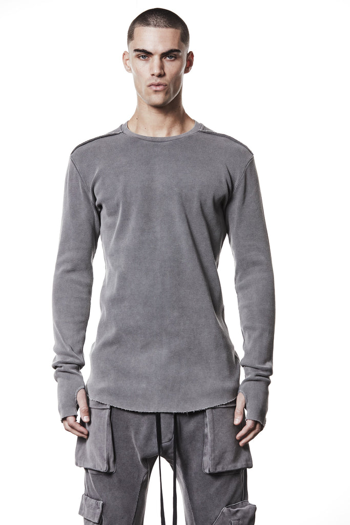 M TS 898 Fitted Long-Sleeve Top – Ribbed Texture with Exposed Seams and Thumbholes Used Grey Man, Sweaters, Shirts, TEPHRA
