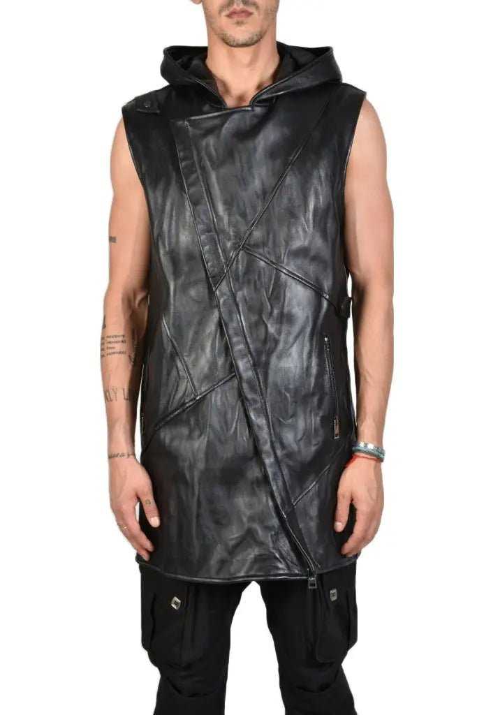 TR3B DAYONE23 BLACK Vegetable-tanned crumpled leather oversized sleeveless jacket 655 LEATHER JACKET Jackets LA HAINE INSIDE US TEPHRA