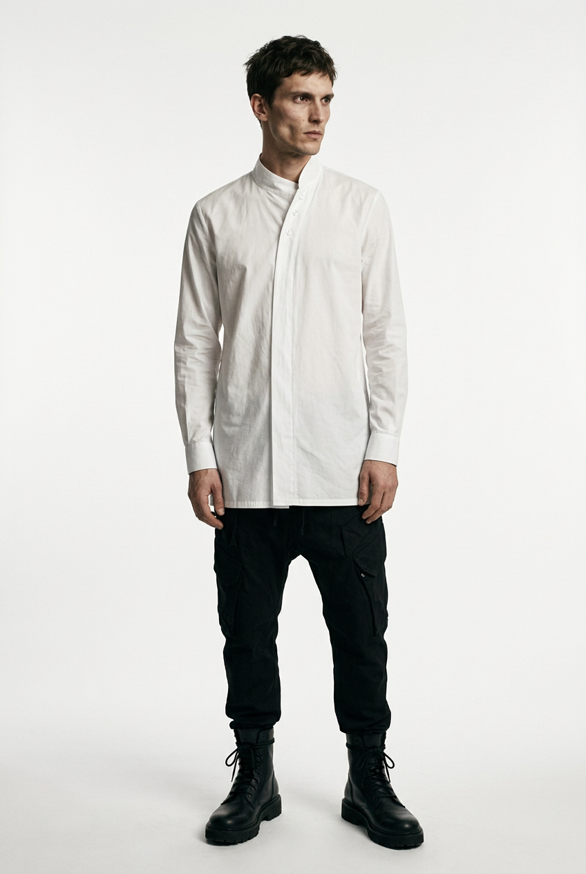 LA HAINE INSIDE US LM226 white long cotton stretch shirt — relaxed contrapposto stance