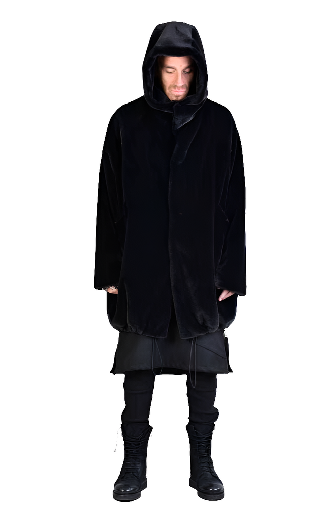 A33Q LM045 BLACK Faux Fur Lined Oversize Coat LA HAINE INSIDE US