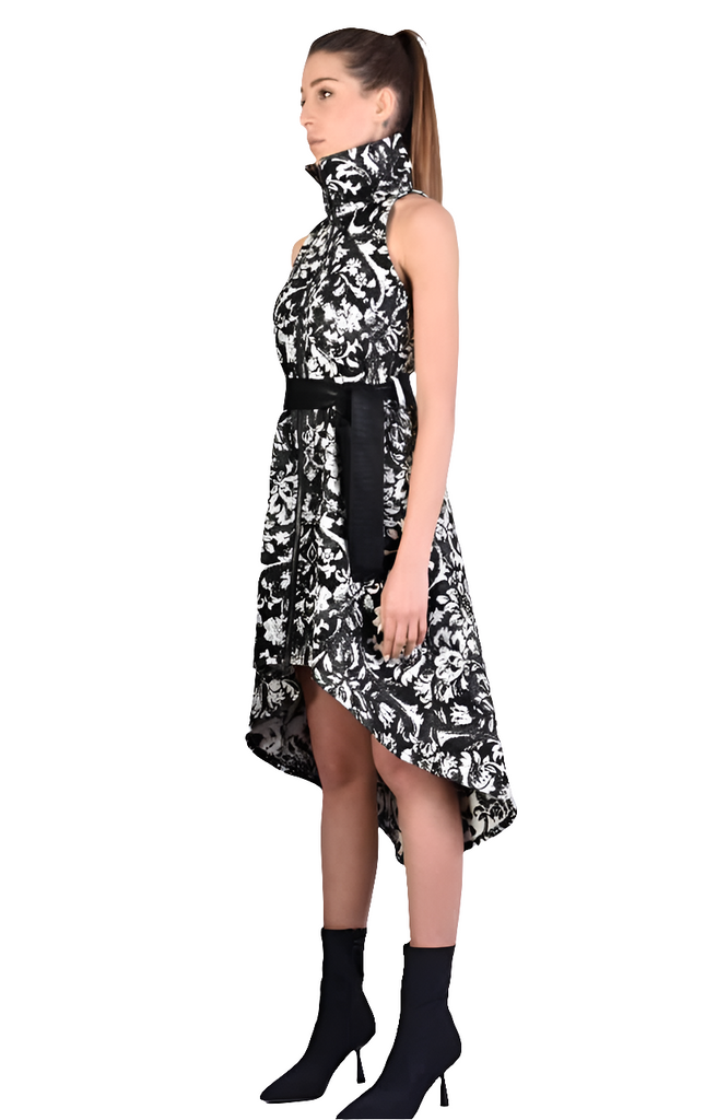 A3 4B LW54923 BLACK WHITE Floral Jacquard Asymmetric Dress LA HAINE INSIDE US