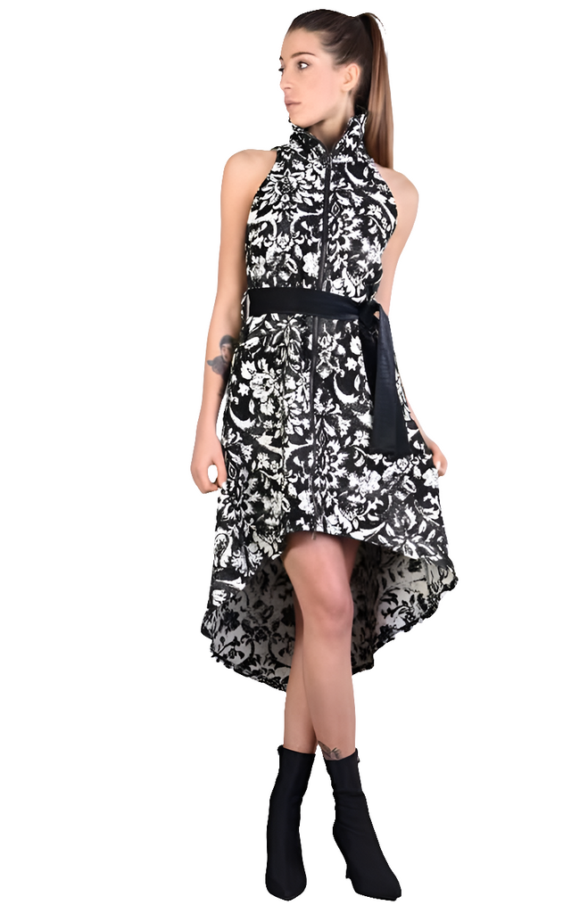A3 4B LW54923 BLACK WHITE Floral Jacquard Asymmetric Dress LA HAINE INSIDE US