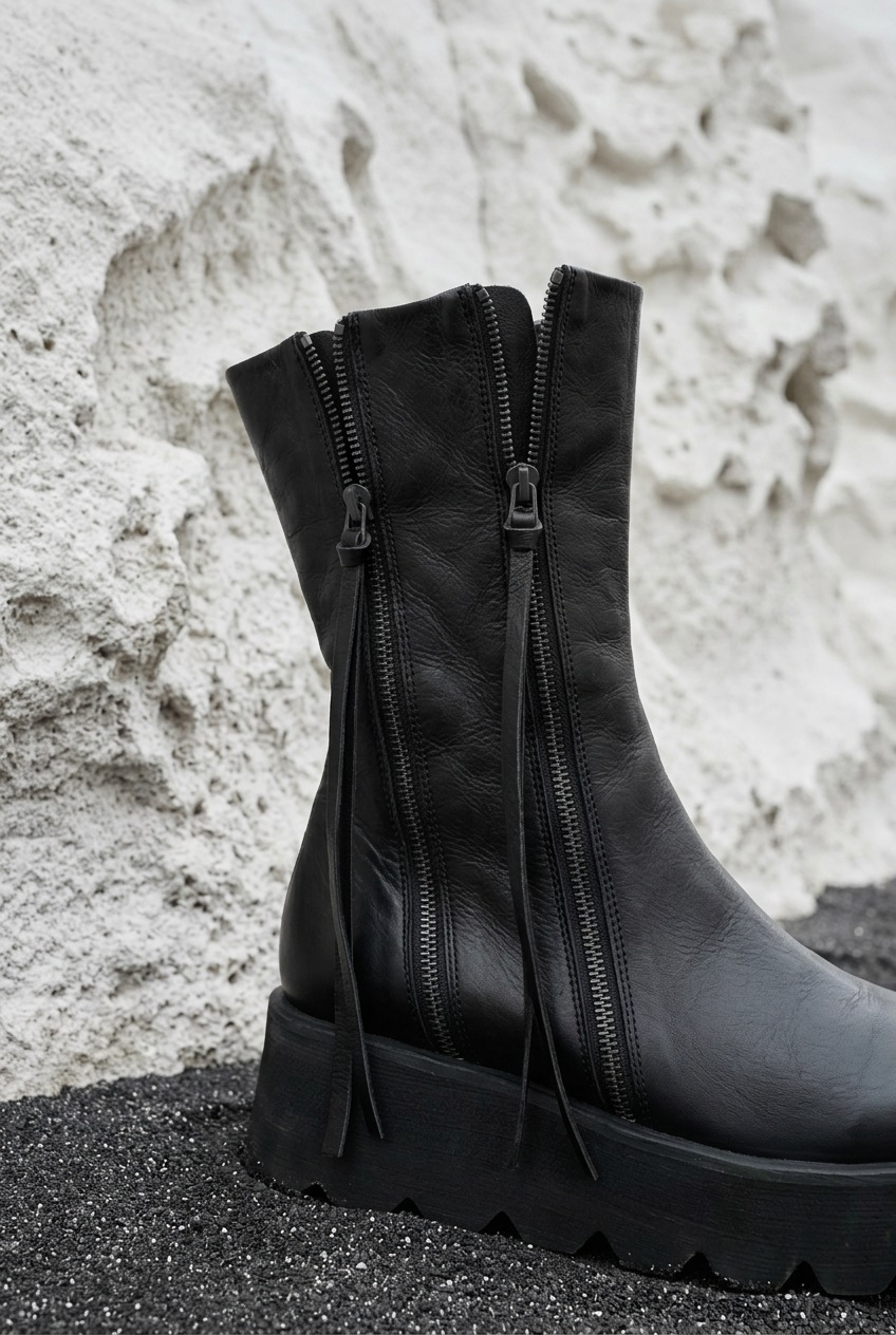 Double-zip and leather detail