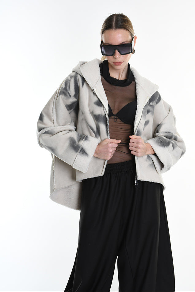 4- W5167 SPORT JACKET Over Faux Sheepskin Dyed Printed UNISEX U White LA HAINE INSIDE US