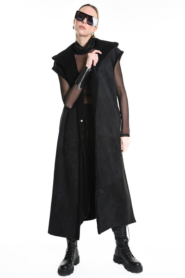 4- W5170 COAT Sleeveless Faux Sheepskin Marmorized UNISEX Black LA HAINE INSIDE US