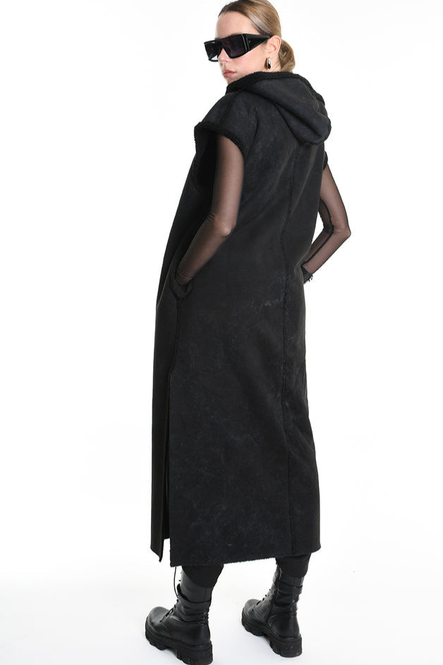 4- W5170 COAT Sleeveless Faux Sheepskin Marmorized UNISEX Black LA HAINE INSIDE US