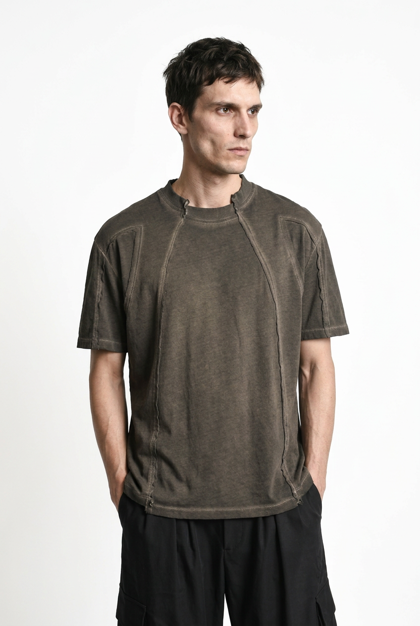 LA HAINE INSIDE US M1295 Mud cold-dyed cotton T-shirt, front view with hands in pockets