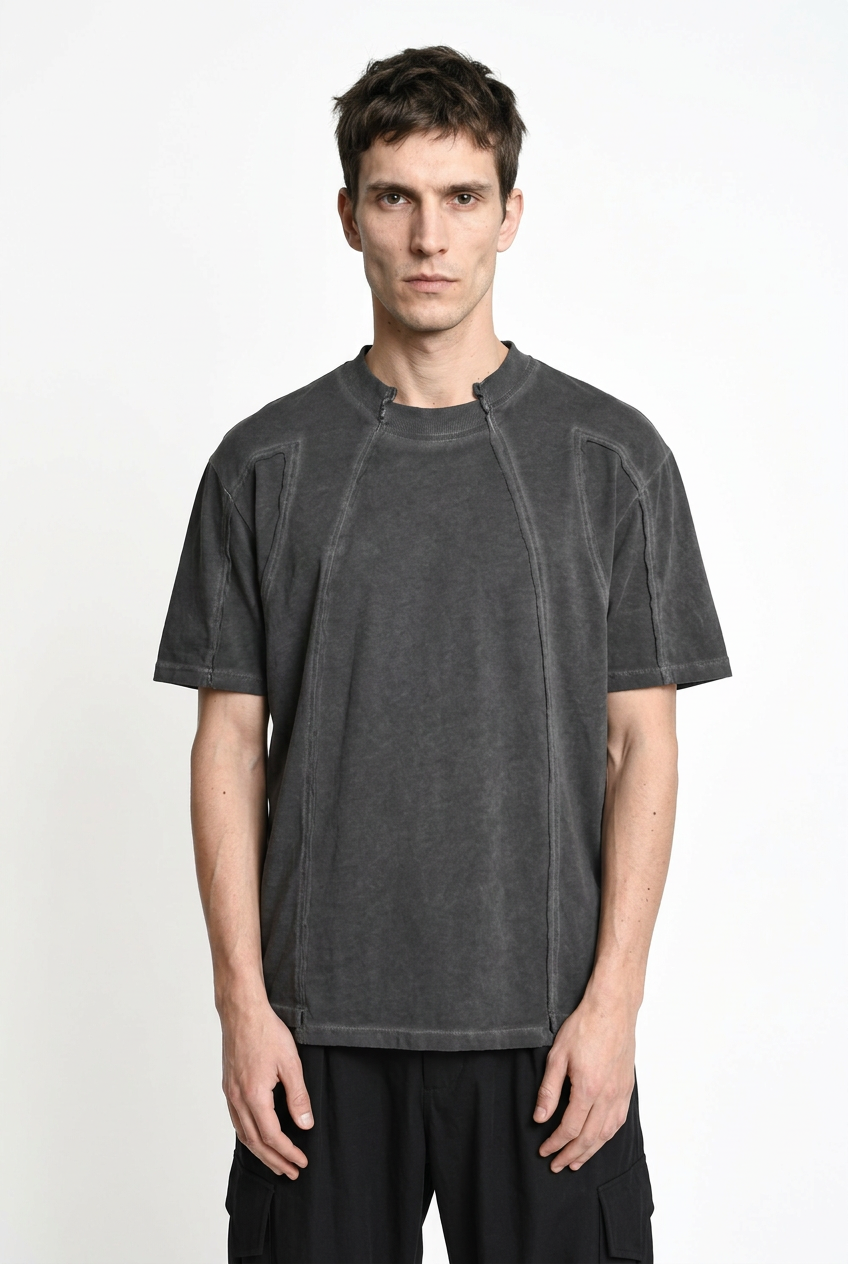LA HAINE INSIDE US M1295 grey cold-dyed cotton T-shirt, front view showing notched ribbed neckline