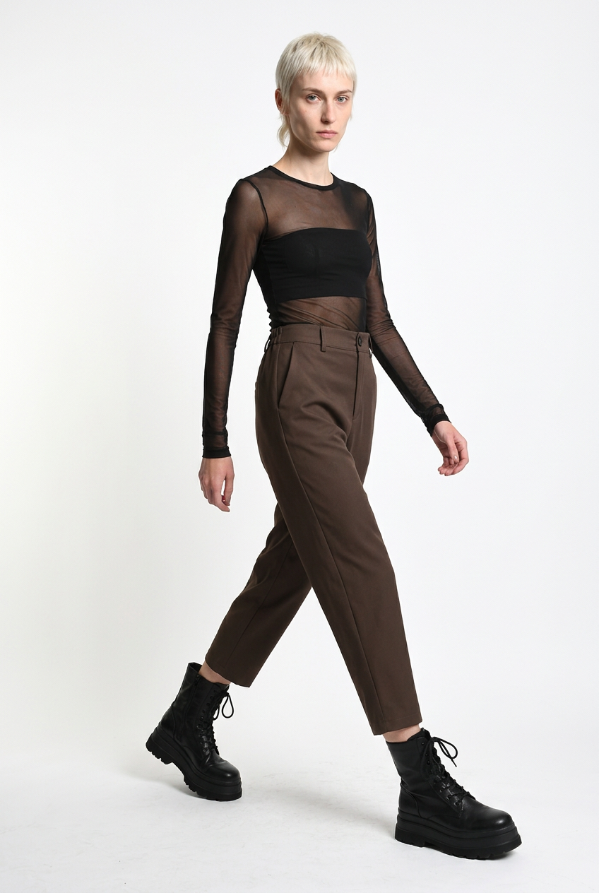 LA HAINE INSIDE US brown carrot-fit trousers, walking side-front view
