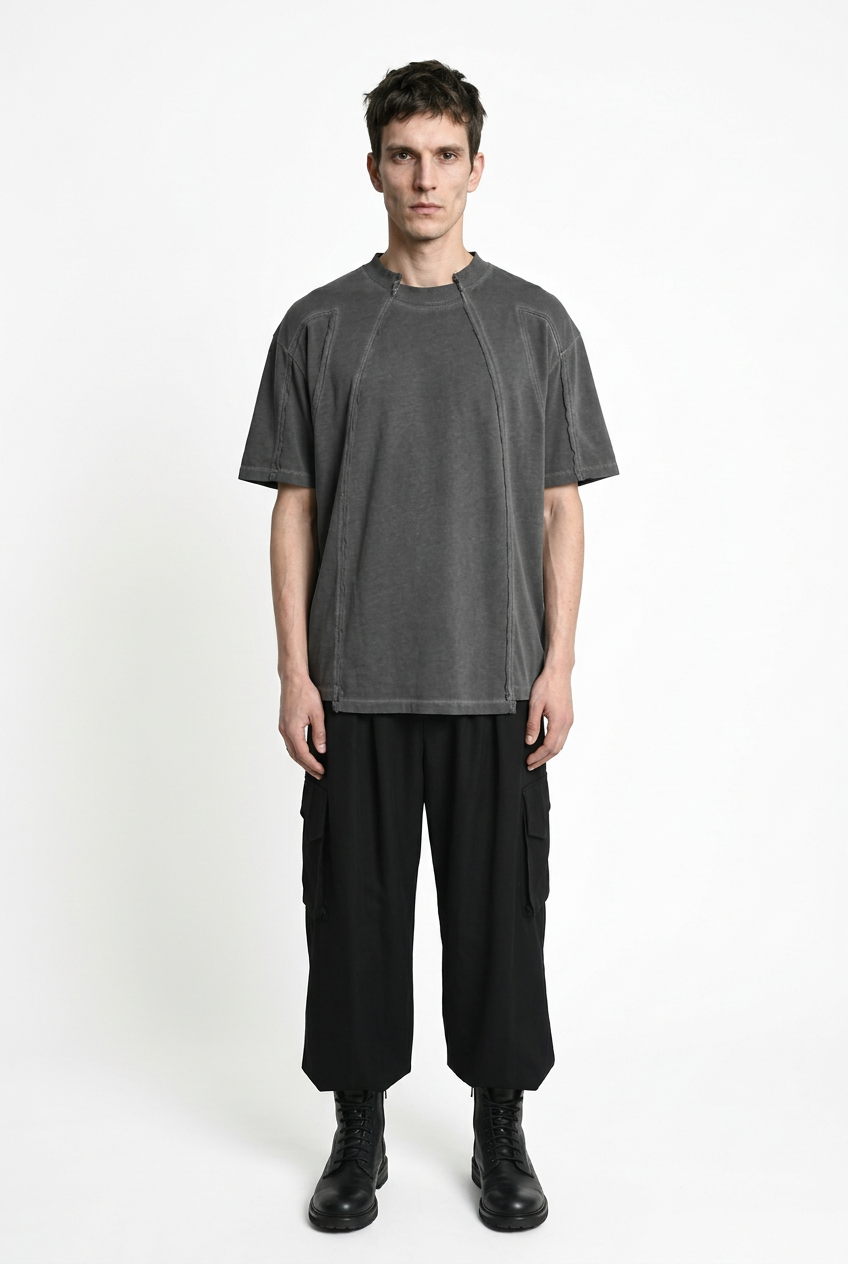 LA HAINE INSIDE US M1295 grey cold-dyed cotton T-shirt, full-length front view