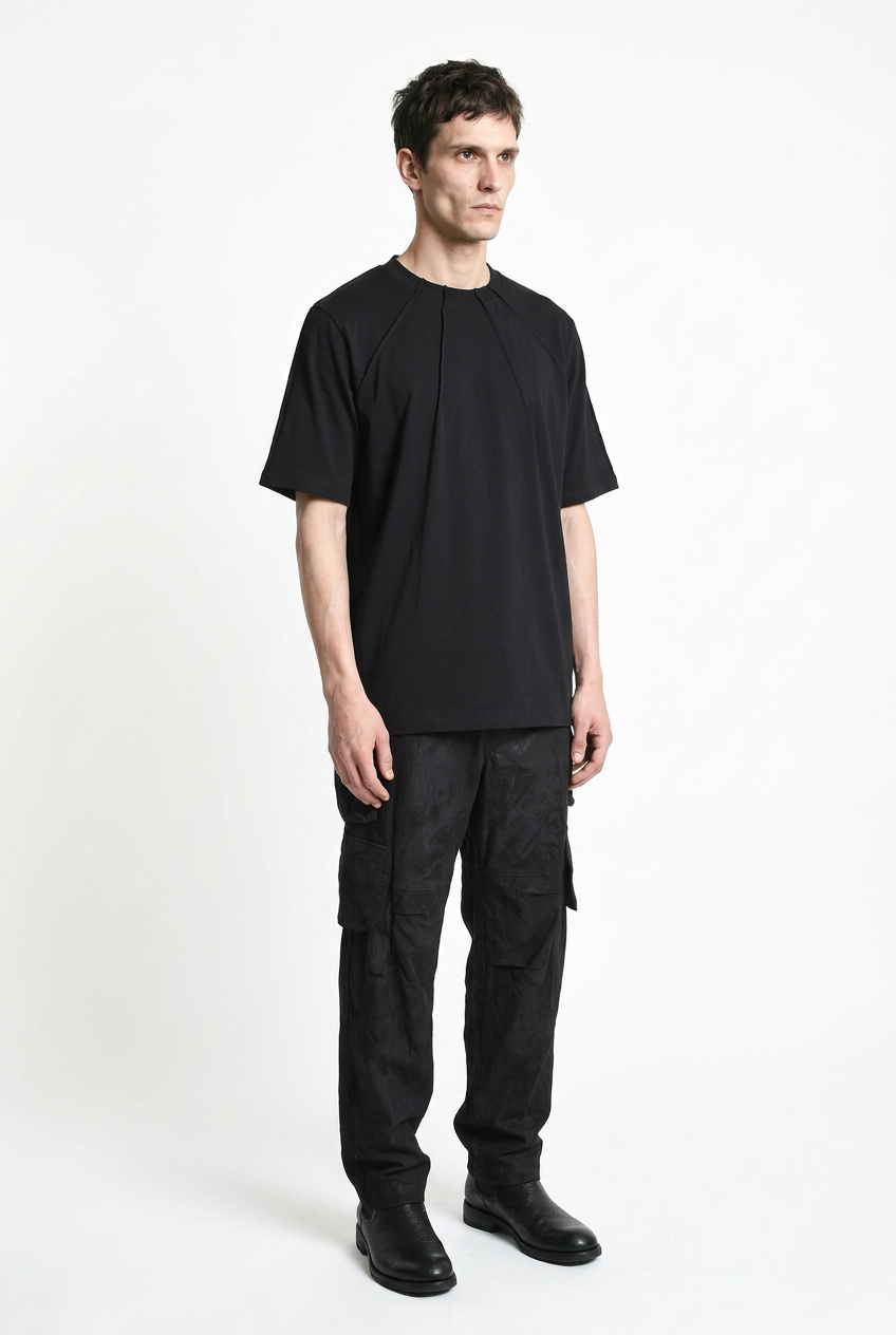LA HAINE INSIDE US M1375 black oversized cotton stretch T-shirt, relaxed full-length front view