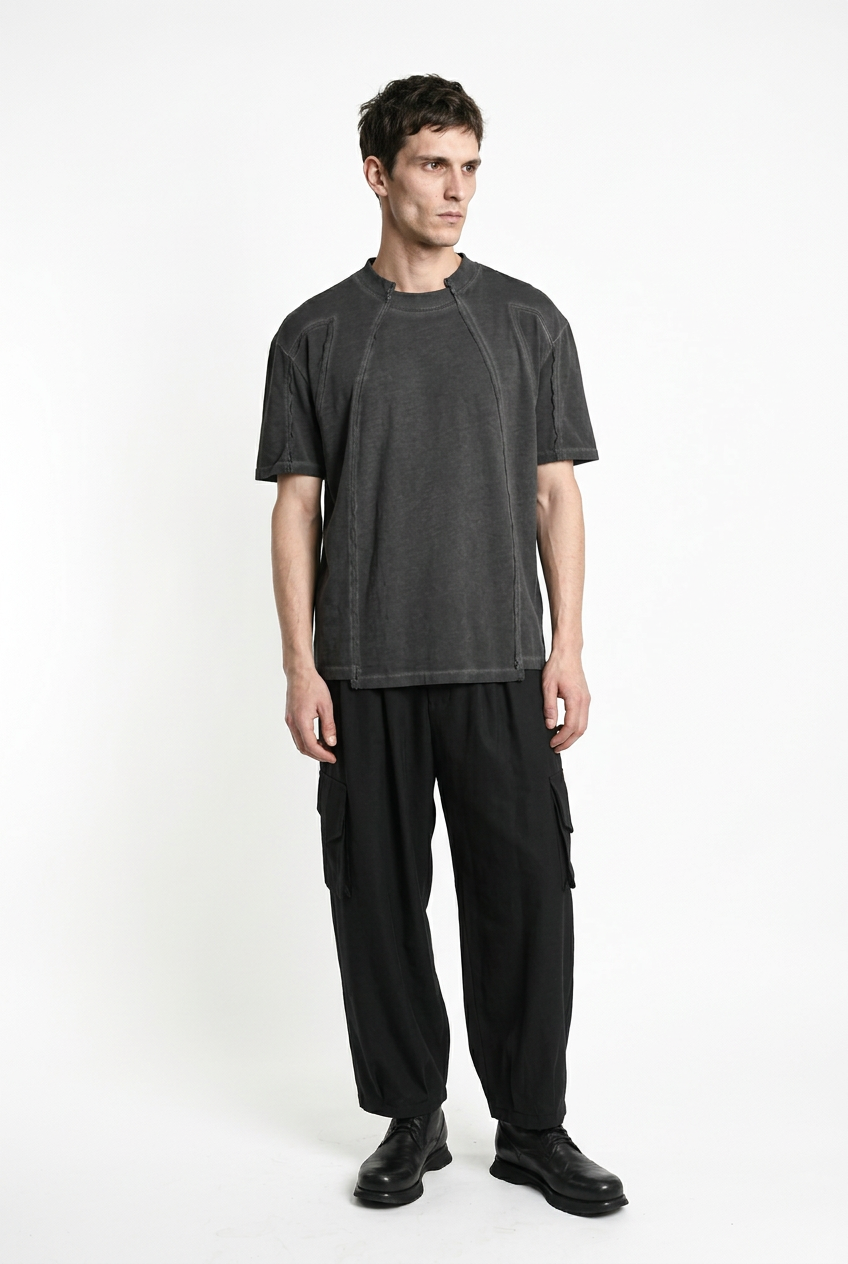 LA HAINE INSIDE US M1295 grey cold-dyed cotton T-shirt, relaxed full-length front view