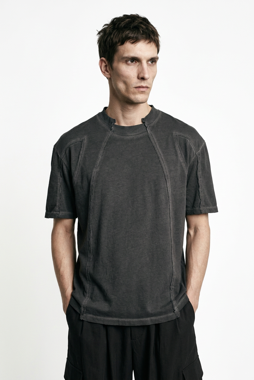 LA HAINE INSIDE US M1295 grey cold-dyed cotton T-shirt, front view with hands in pockets