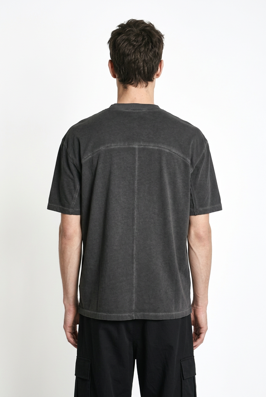 LA HAINE INSIDE US M1295 grey cold-dyed cotton T-shirt, back view showing yoke and centre seam