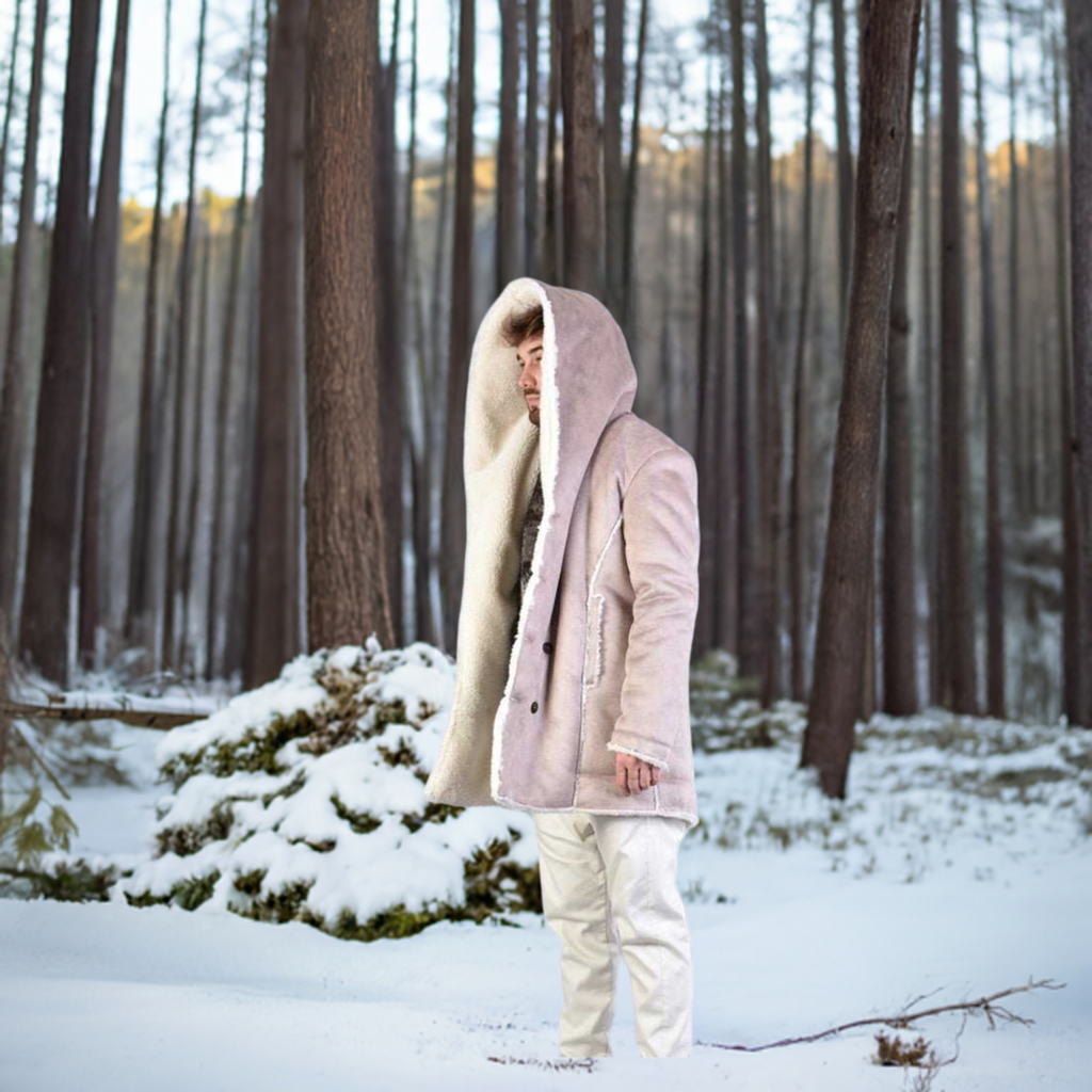 A32P TRECKXA23 SAND Faux Shearling Coat in snowy forest setting.