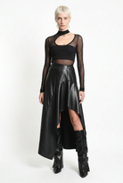 LA HAINE INSIDE US W5418 asymmetric faux leather skirt in black — full-length front editorial view