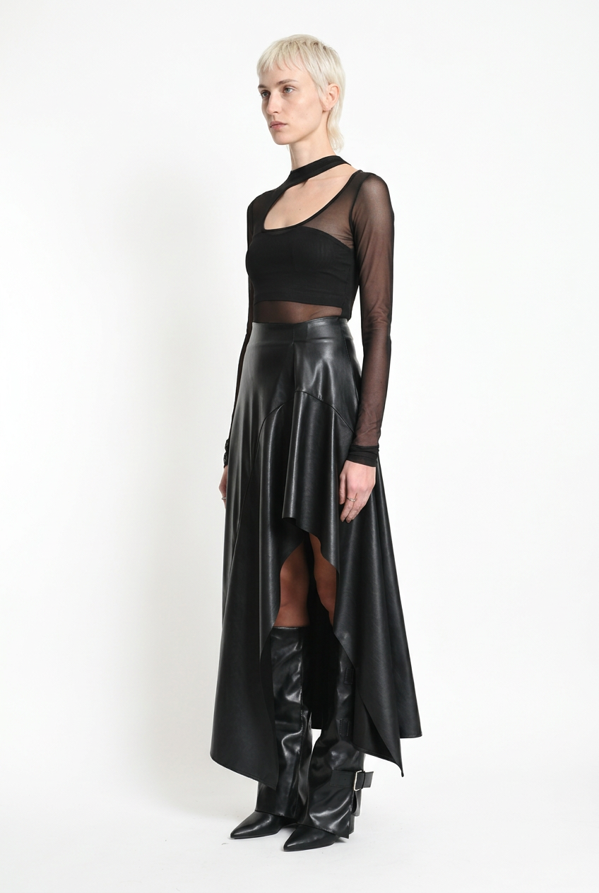 LA HAINE INSIDE US W5418 asymmetric faux leather skirt in black — side-front editorial view