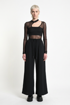 LA HAINE INSIDE US W5451 black embossed fleece palazzo trousers, straight front studio view