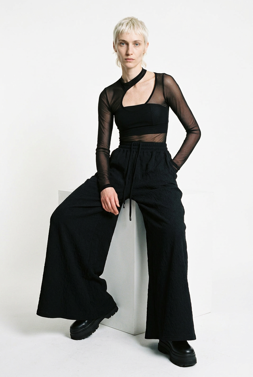 LA HAINE INSIDE US W5451 black embossed fleece palazzo trousers, seated front view