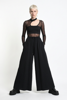 LA HAINE INSIDE US W5451 black embossed fleece palazzo trousers, wide-stance front view