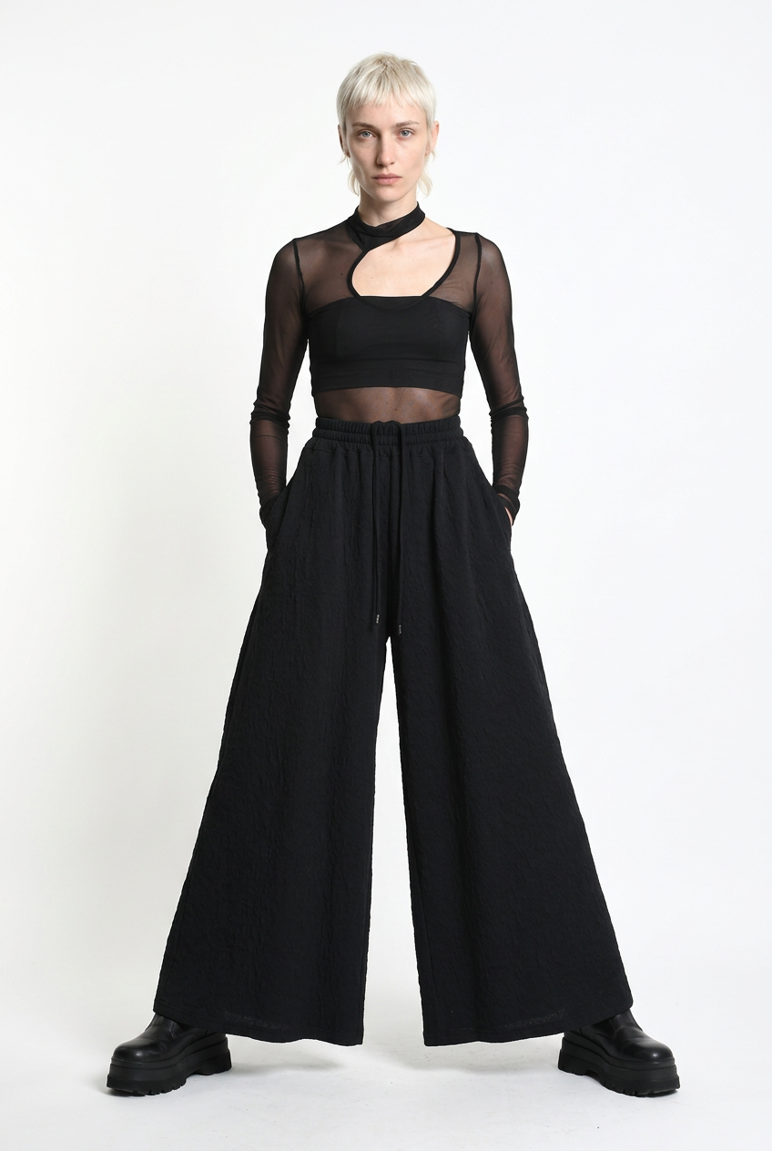 LA HAINE INSIDE US W5451 black embossed fleece palazzo trousers, wide-stance front view