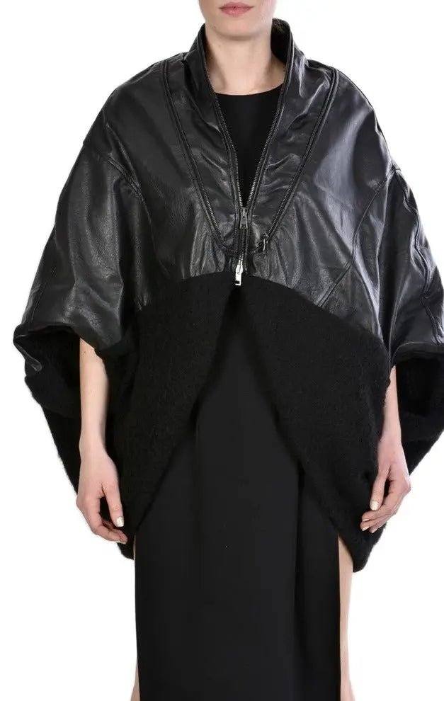 4B MISSINCAT19 BLACK Leather & boiled wool cape