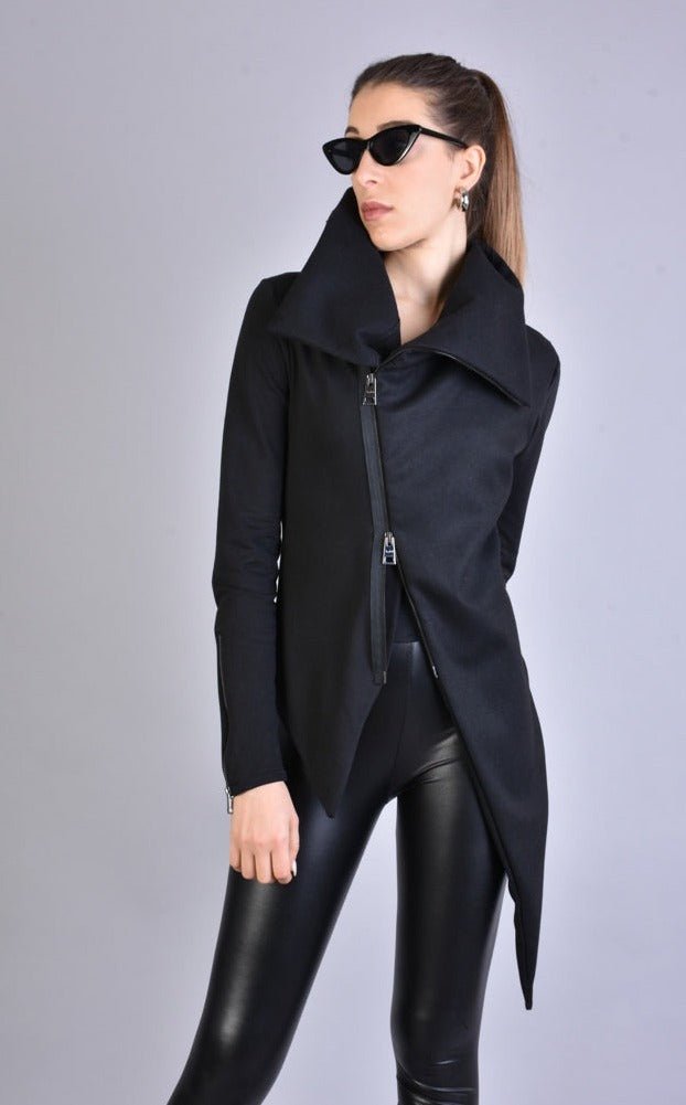A34M LW62223 Black Cloth & stretch fleece asymmetric skinny jacket - TEPHRA