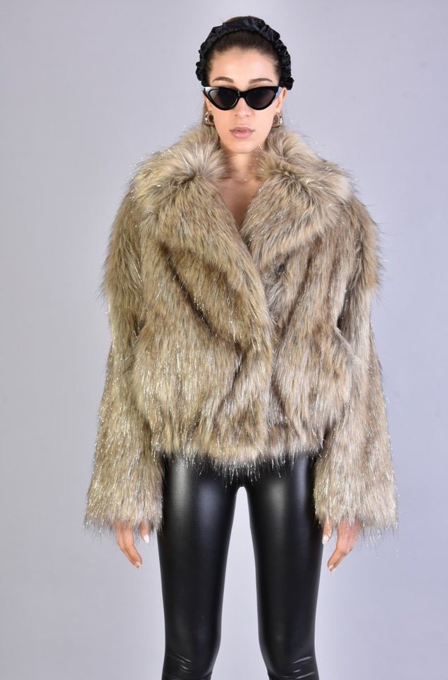 A34Q LW526 SAND Lined Faux Fur Lurex Coat Woman - TEPHRA