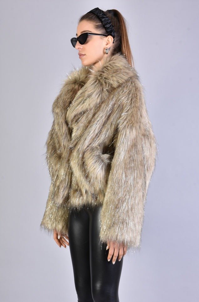 A34Q LW526 SAND Lined Faux Fur Lurex Coat Woman - TEPHRA