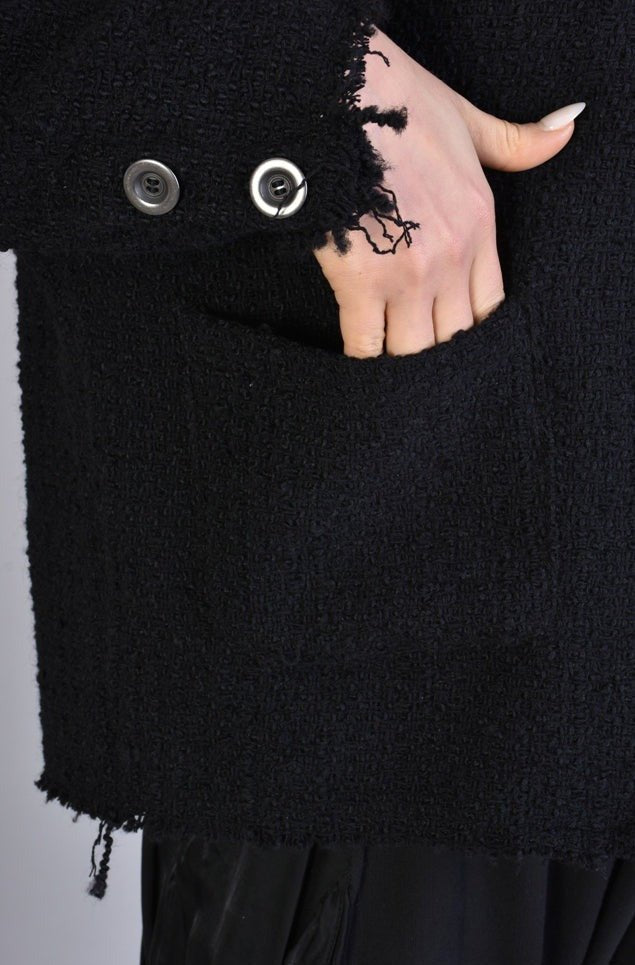 A39B SM216 BLACK Wool Bouclé Oversize Jacket with asymmetric button detail and plush texture.