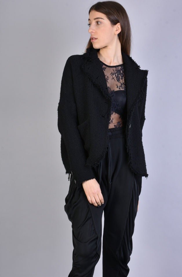 A39B SM216 BLACK Wool Bouclé Oversize Jacket with asymmetric button closure.