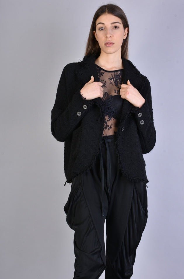 A39B SM216 BLACK Wool Bouclé Oversize Jacket with asymmetric button closure.